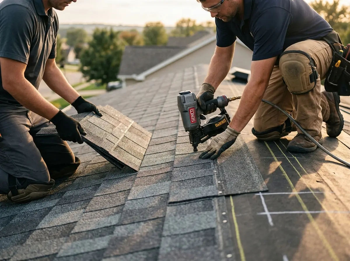 Professional roofer working on a residential roof in Barre